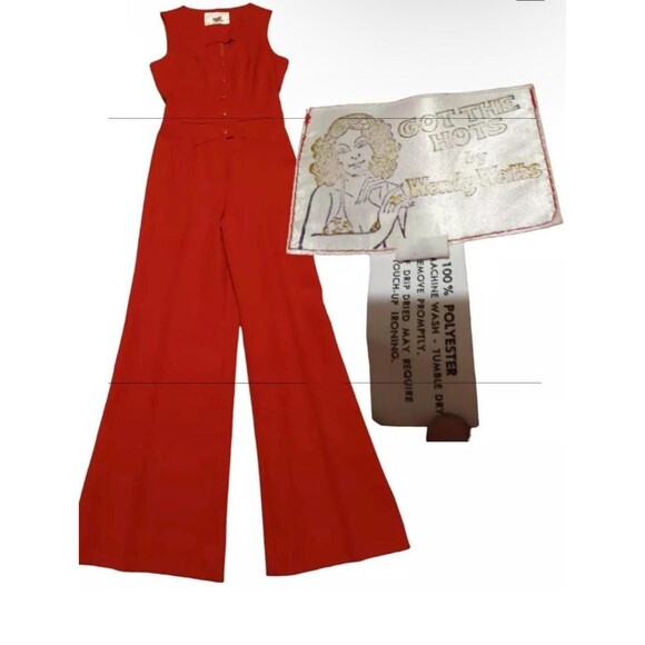 Wendy Watts Pants - Vintage 1970s Jumpsuit Wide Leg Mod Womens Size 7/8 Disco Red Cherry Wendy Watts